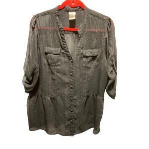 Just My Size Sheer Black Blouse 1X (16W), 3/4 Sleeve, Full Button-Up